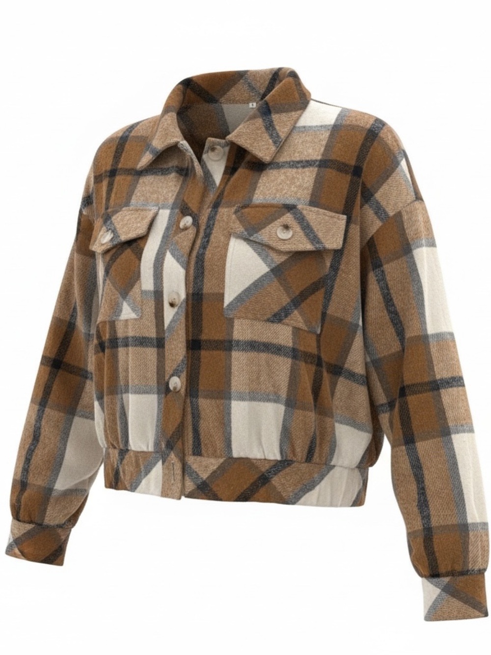 Plaid Brown and White Women's Jacket - Picture 2 of 6